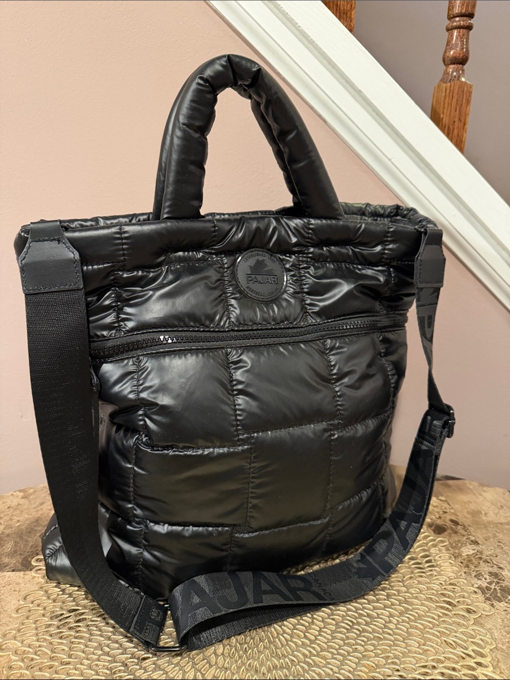 PAJAR Canada Black Puffy Quilted Tote with Adjustable/Detachable Crossbody Strap
